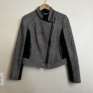 White House Black Market Women's Size 4 Vegan Leather Ponte Jacket Top Tweed Zip